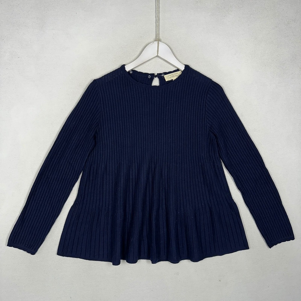 Sezane La Maille Navy Blue Merino Wool Cotton Ribbed Peplum Sweater Small